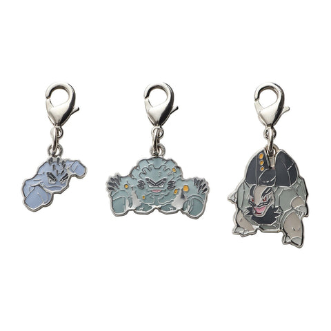 Alolan Geodude, Alolan Graveler, Alolan Golem - National Pokédex Metal Charm Keychain #A074, #A075, #A076 - Authentic Japanese Pokémon Center Keychain 