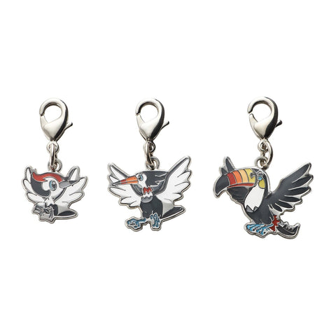 Pikipek, Trumbeak, Toucannon - National Pokédex Metal Charm Keychain #731, #732, #733 - Authentic Japanese Pokémon Center Keychain 